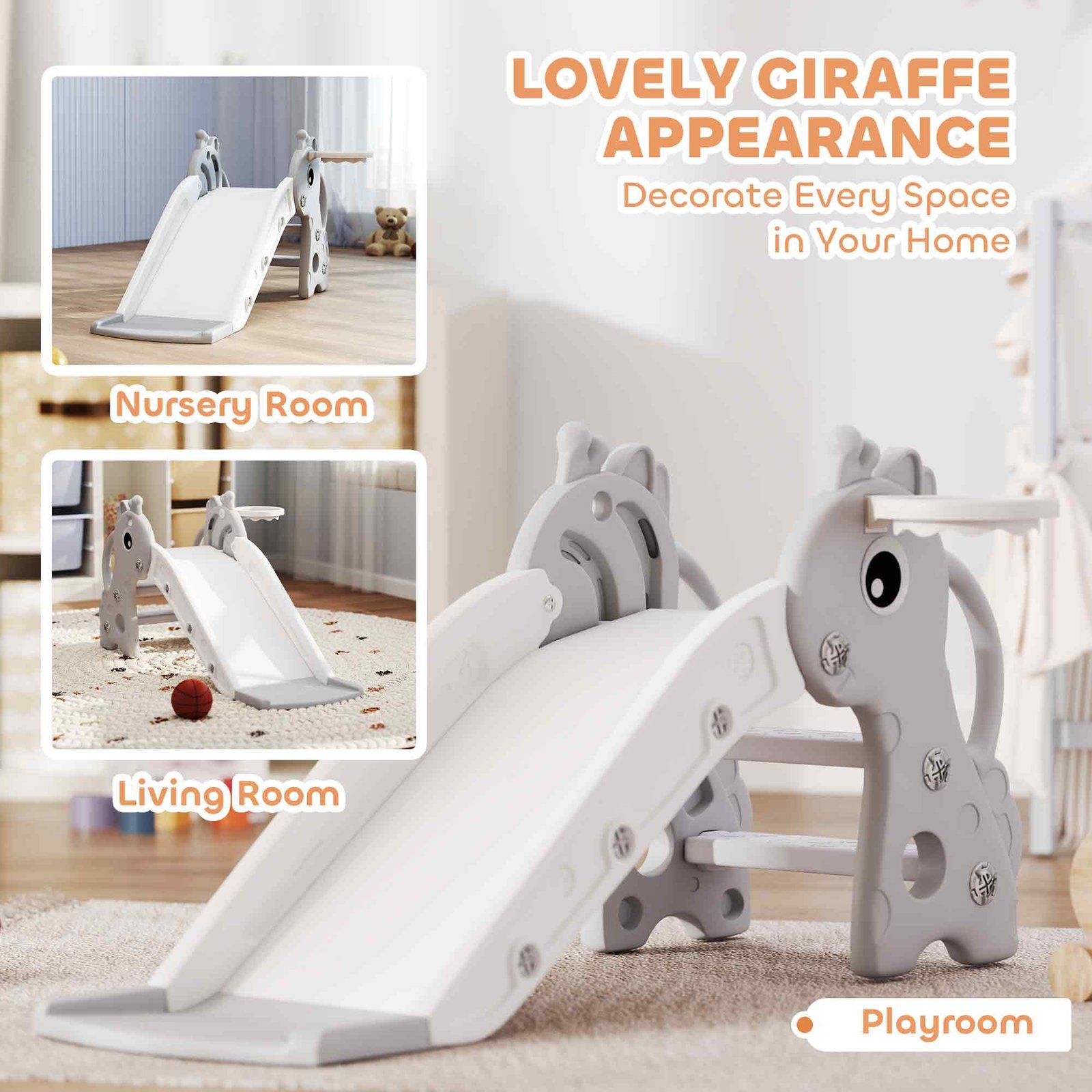 AIYAPLAY 3 in 1 Kids Slide with Climber, Basketball Hoop and Ball, Giraffe Shape Climber Slide for Indoor Kids Age 1-3, Grey - Image 5