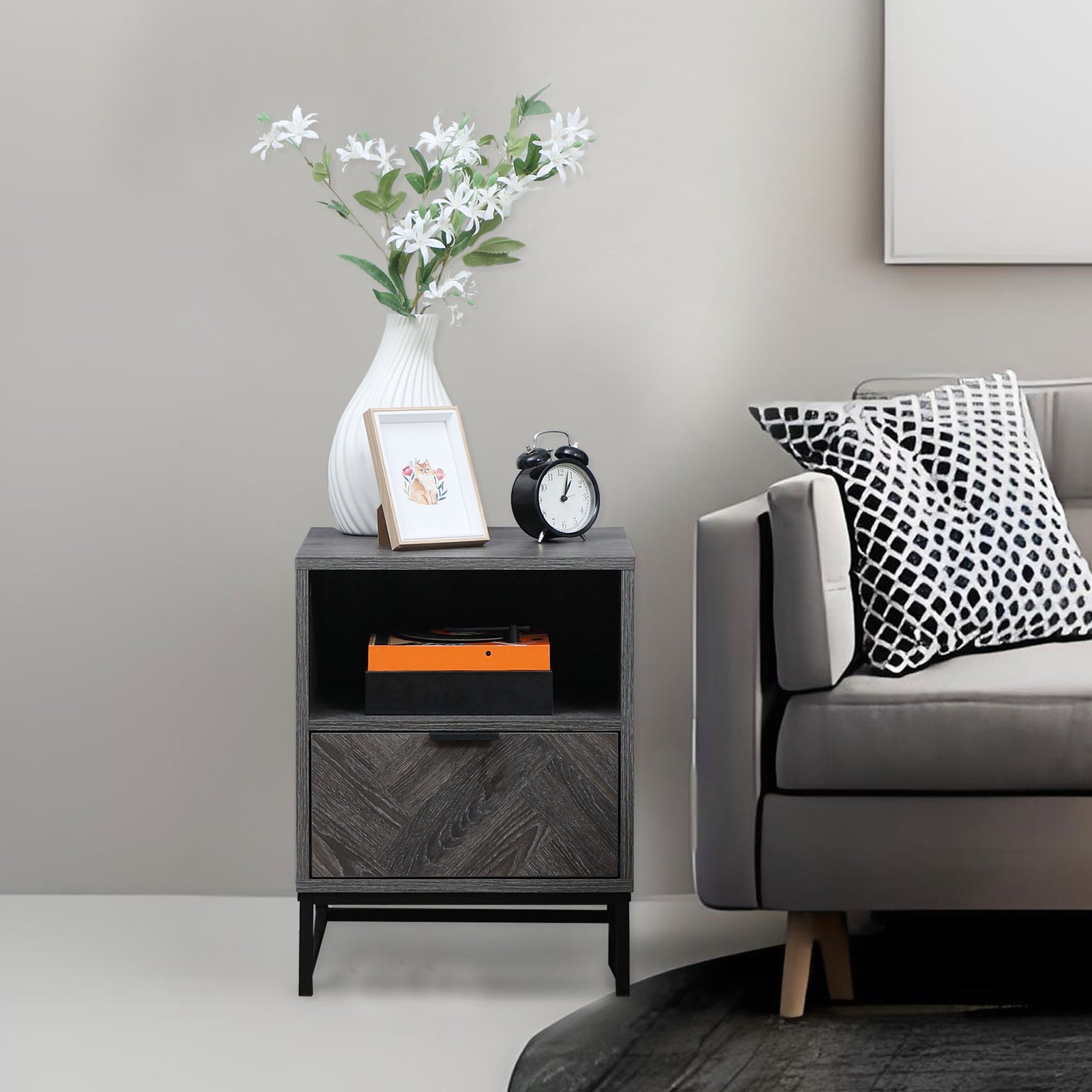 HOMCOM Bedside Table with Drawer and Shelf, Side End Table with Steel Legs for Living Room, Bedroom, Dark Grey - Image 7