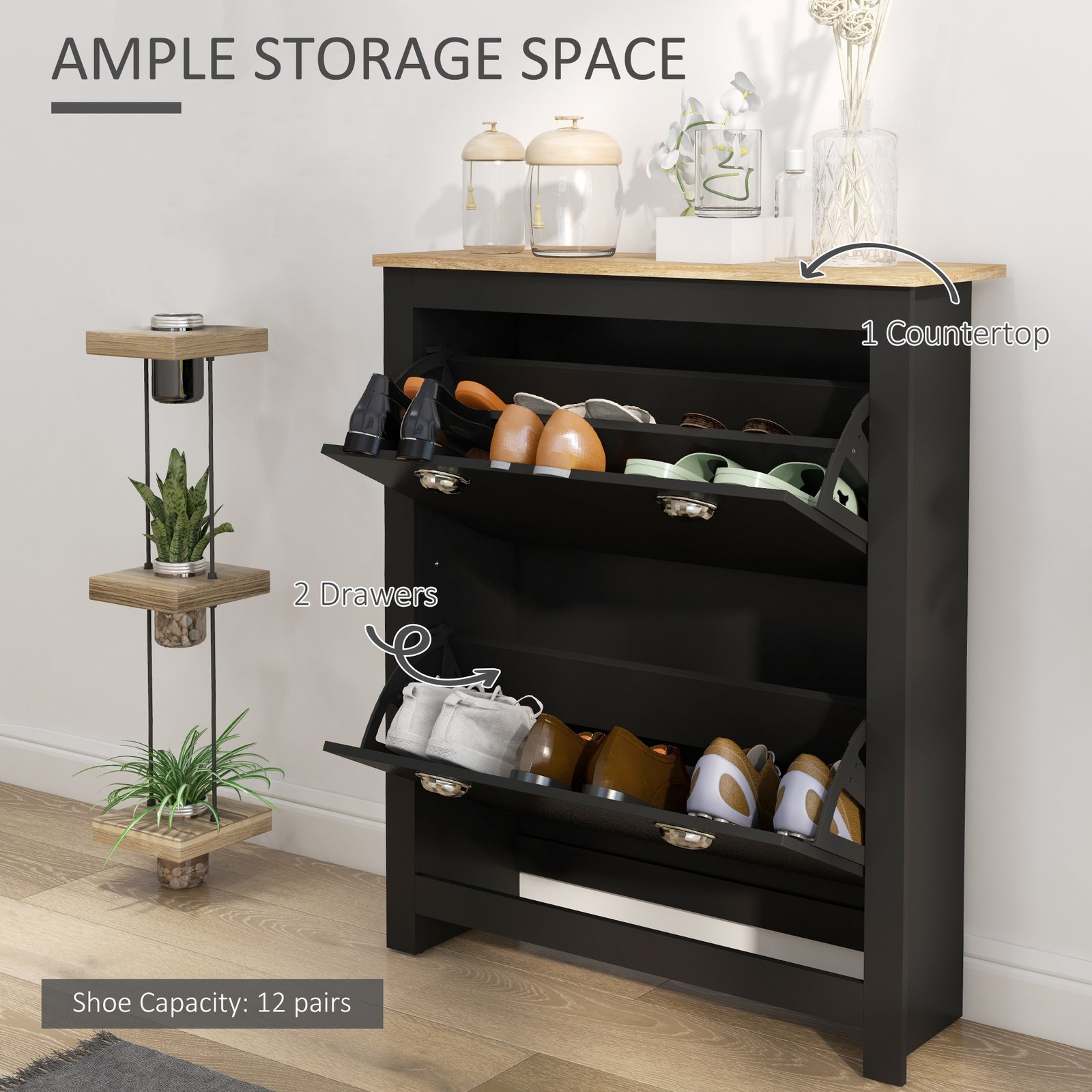 HOMCOM 2 Drawer Shoe Cabinet Modern Narrow Shoe Cupboard Hallway Wooden Storage Organiser with Flip Doors Adjustable Shelf for 6-12 Pairs, Black - Image 4