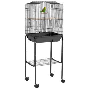 PawHut Bird Cage Budgie Cages for Finch Canary Parakeet with Stand Wheels Slide-out Tray Accessories Storage Shelf, Black