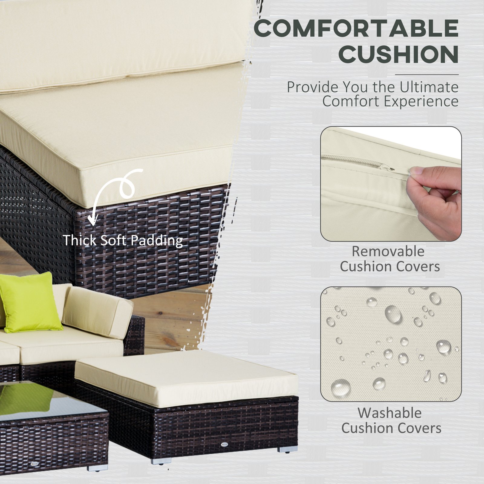 Outsunny 6 PC Rattan Sofa Coffee Table Set Sectional Wicker Weave Furniture for Garden Outdoor Conservatory w/ Pillow Cushion Brown - Image 5