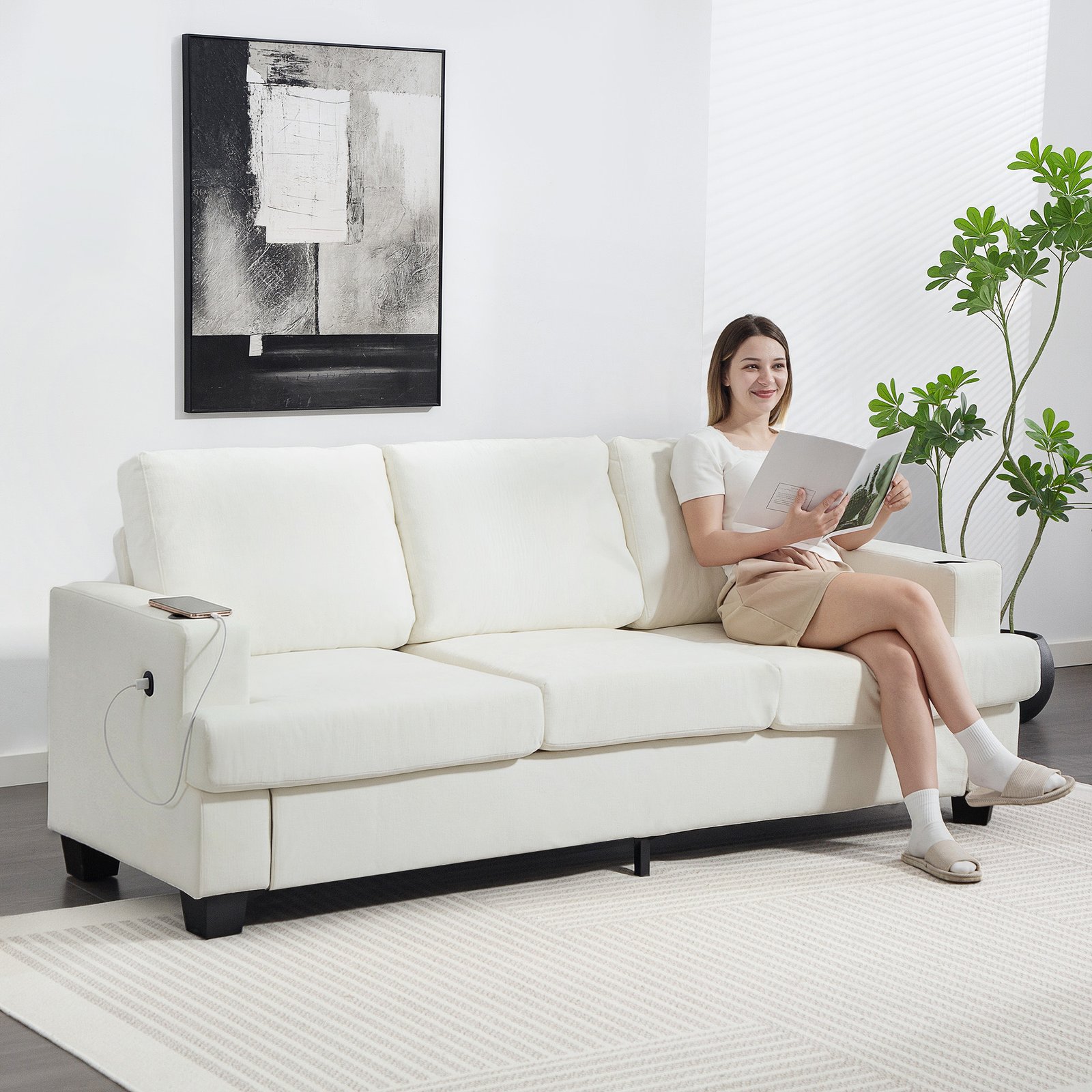 HOMCOM 3 Seater Sofa with USB Ports & Cup Holders - Cream White - Image 2
