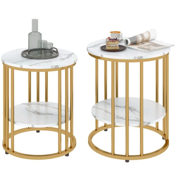HOMCOM Set of Two Marble-Effect Coffee Tables – White/Gold-Tone