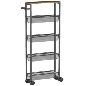 HOMCOM Slim Storage Trolley, 5-Tier Kitchen Cart on Wheels with Wood-effect Top, Handle for Living Room, Bathroom, Black