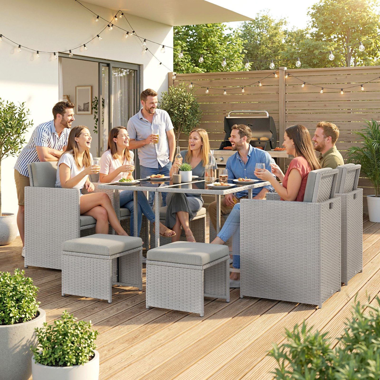 Outsunny 9 Piece Rattan Cube Garden Furniture Dining Set with Armchairs, Footstools and Glass-Top Table, Light Grey - Image 2