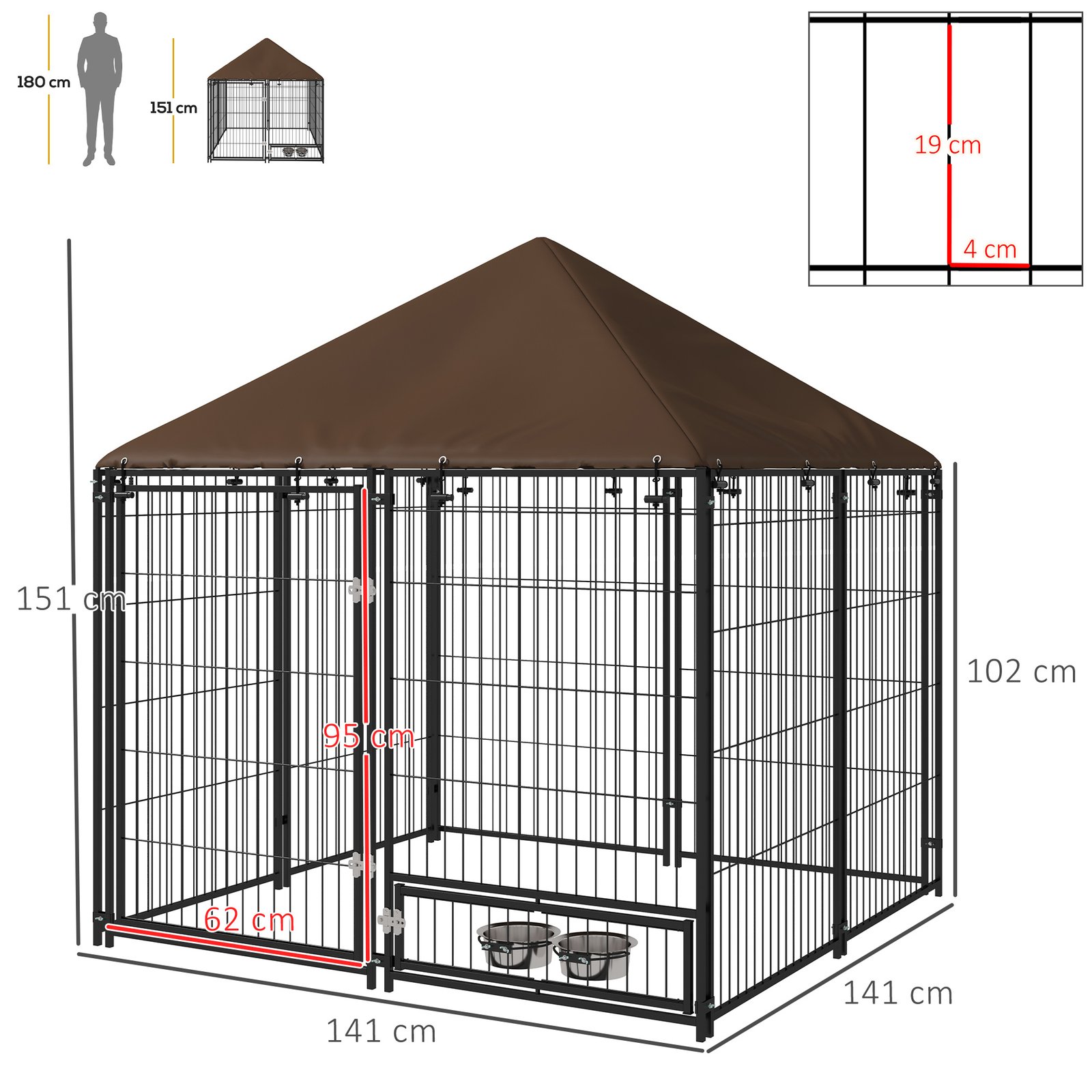 PawHut Outdoor Dog Kennel Puppy Play Pen with Canopy Garden Playpen Fence Crate Enclosure Cage Rotating Bowl 141 x 141 x 151 cm - Image 3