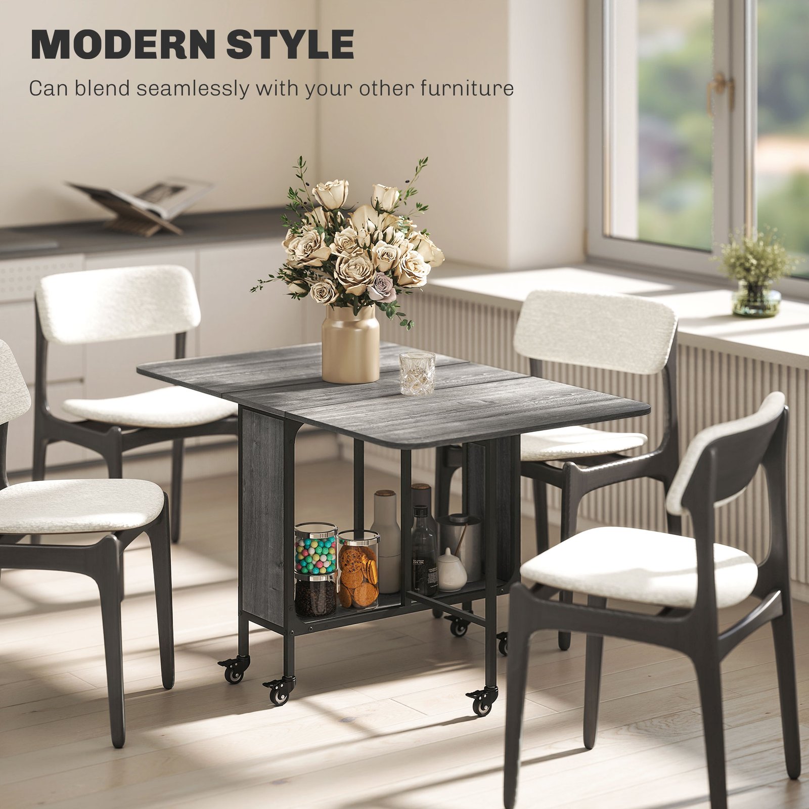 HOMCOM Six-Person Drop Leaf Dining Table - Grey/Black - Image 7
