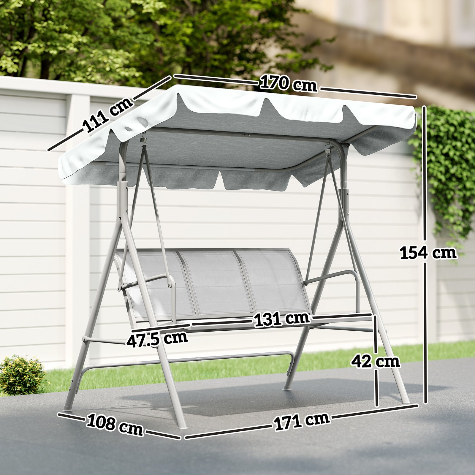Outsunny Metal Garden Swing Chair, 3-Seater Swing Seat, Patio Hammock Bench Canopy Lounger, Light Grey - Image 3