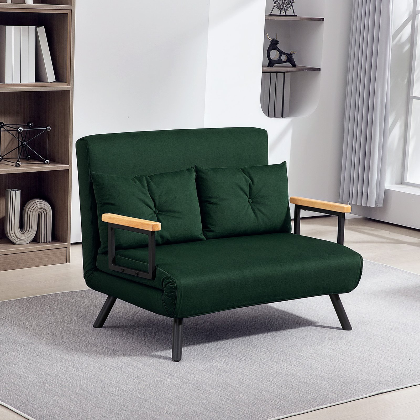 HOMCOM 4-in-1 Velvet-Feel Double Sofa Bed, with Pillows - Green - Image 2