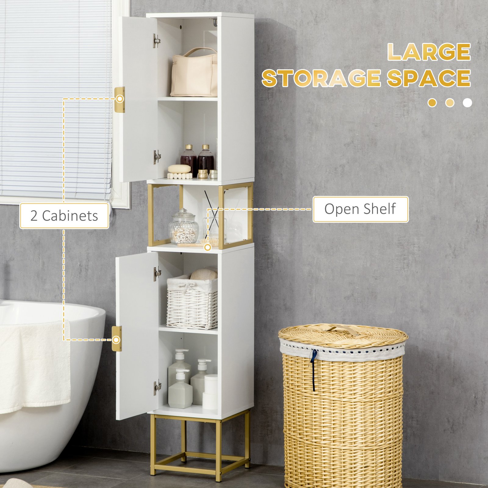 kleankin Narrow Bathroom Storage Cabinet, Freestanding Tallboy Storage Unit with Adjustable Shelf, 2 Doors and Steel Base, Slim Corner Organizer, White - Image 5