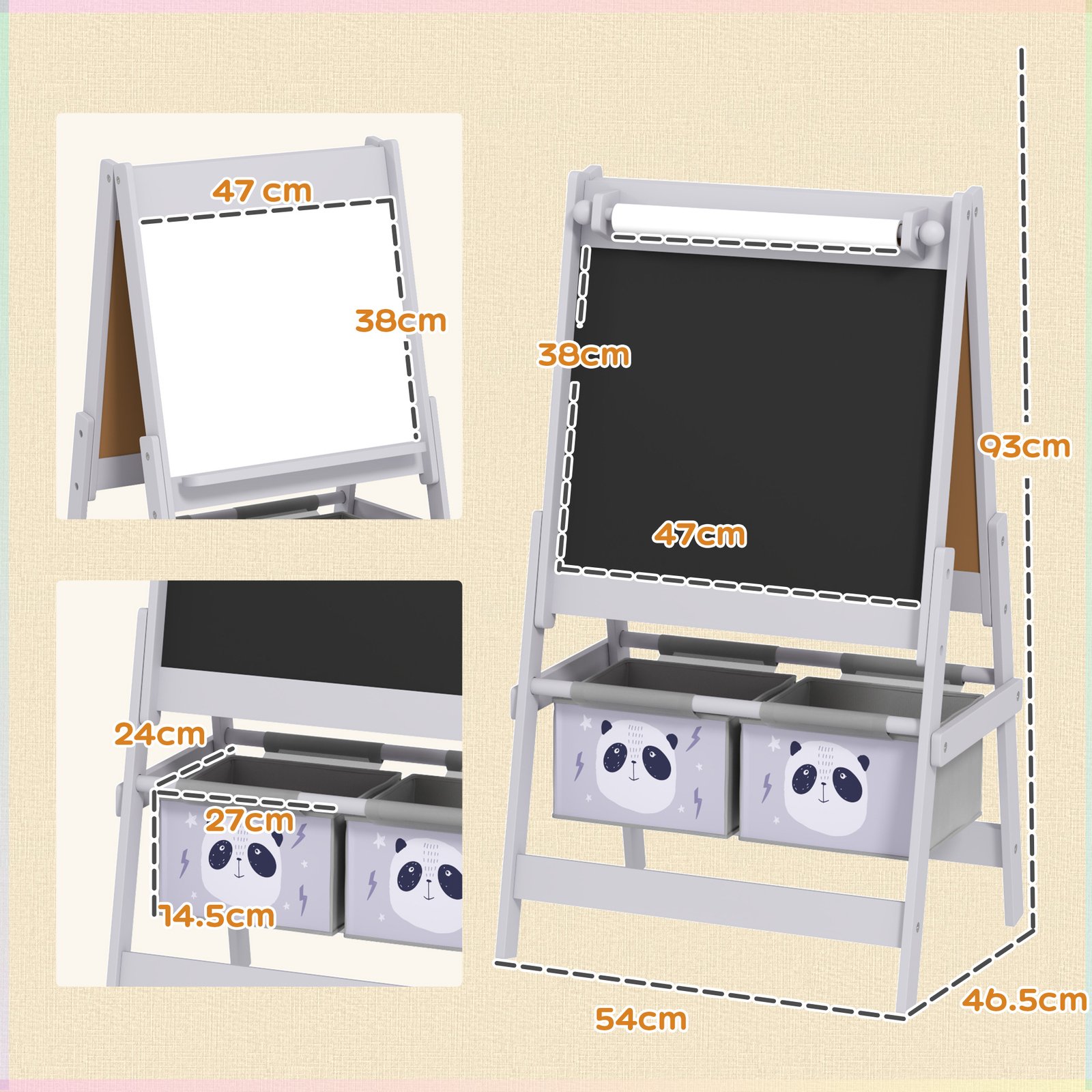 AIYAPLAY 3-In-1 Kids Easel with Paper Roll, Art Easel, with Storage - Grey - Image 3