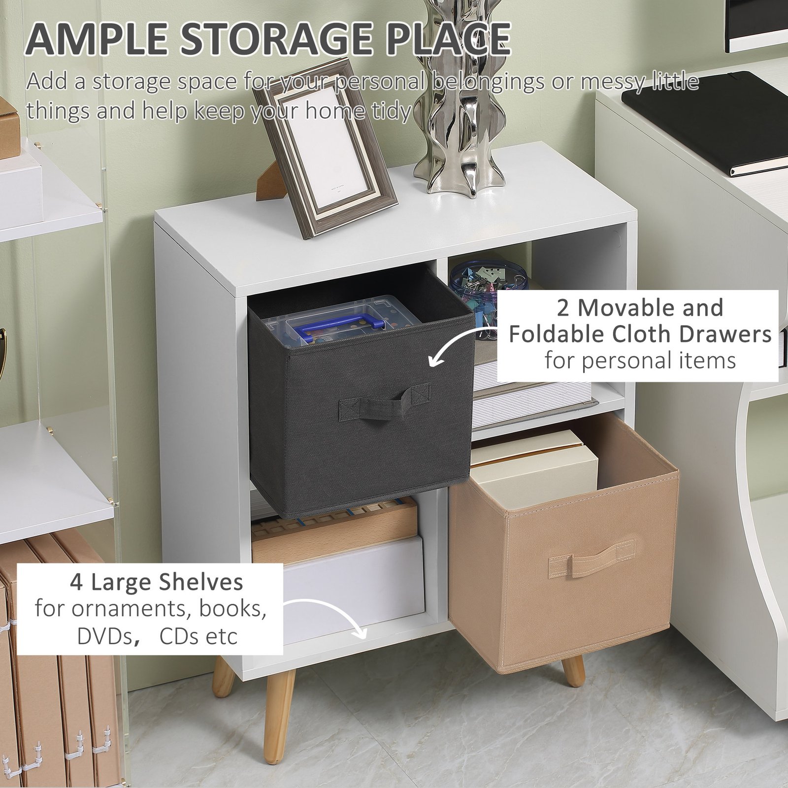 HOMCOM Freestanding 4 Cube Unit Cabinet Unit w/ 3 Fabric Drawers Handles Home Office Storage Shelves - Image 4