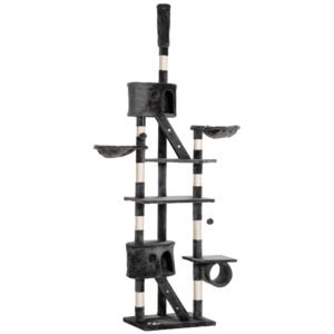 PawHut Floor-to-Ceiling Cat Tree for Indoor Cats, 240-260cm Adjustable Cat Tree - Dark Grey