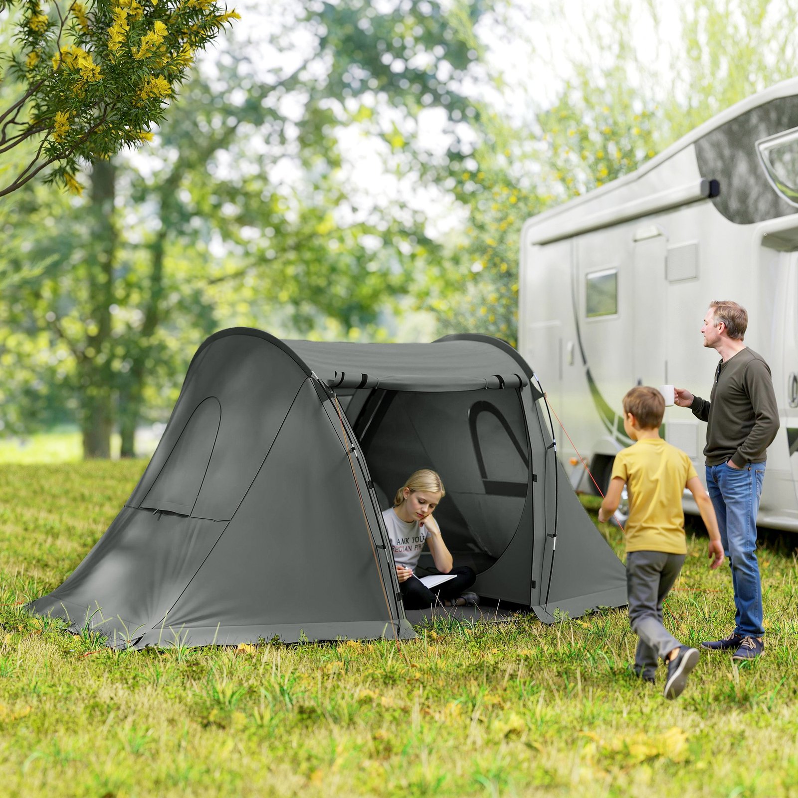 Outsunny 3 Man Camping Tent with Living Area and 2 Bedrooms, 3000mm Waterproof Family Tent with Sewn-in Groundsheet and bag, Portable Dome Shelter for Hiking, Festival, Backpacking, Drak Grey - Image 8