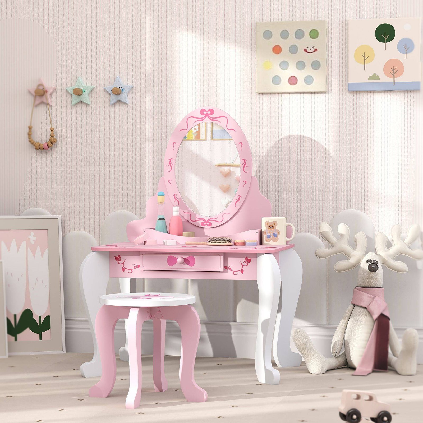 AIYAPLAY Kids Dressing Table Set, Vanity Table with Stool, Mirror, Drawer, Desktop, Storage, Ballet-Theme, Pink - Image 7