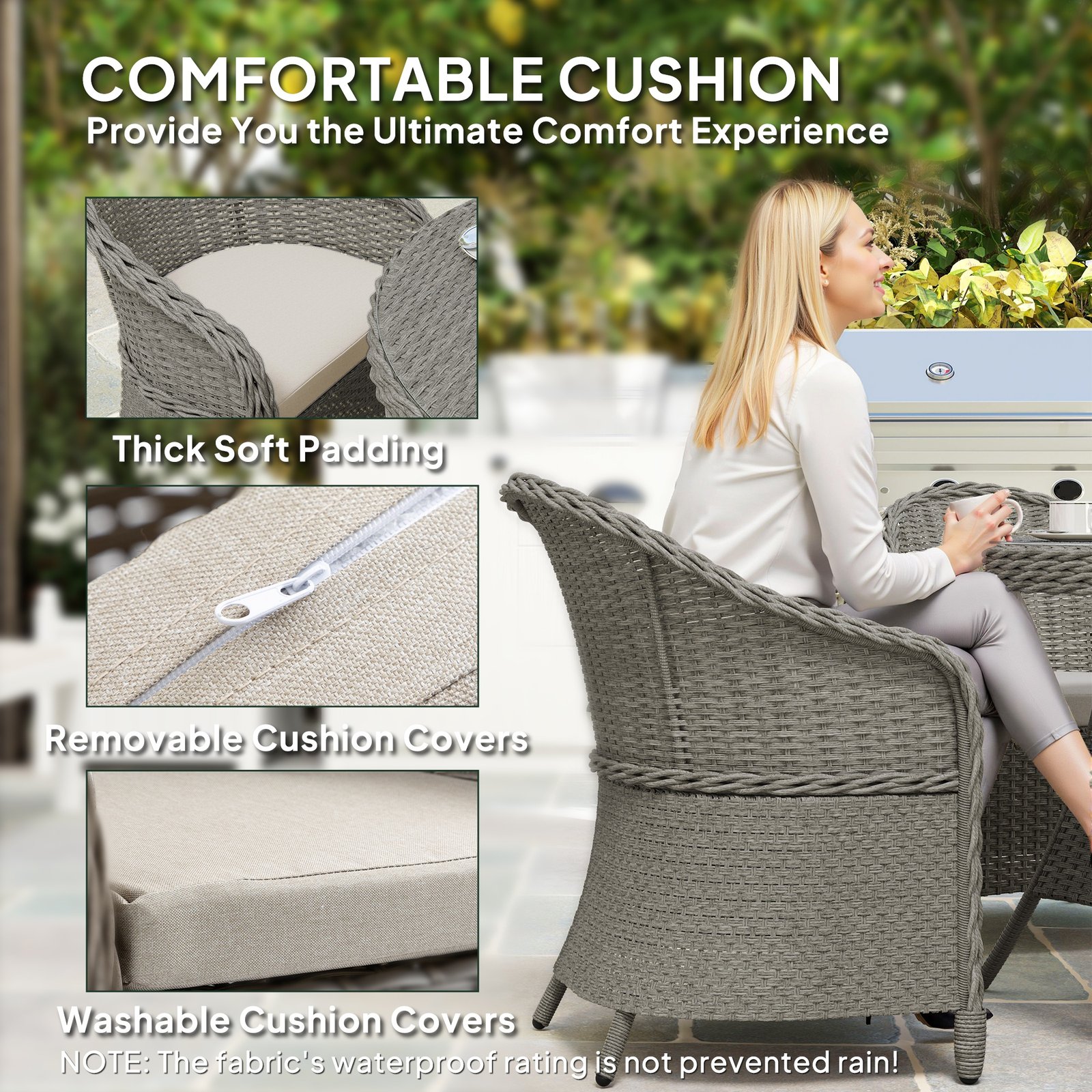 Outsunny 4 Seater Rattan Garden Furniture Set with Cushions, Round PE Rattan Dining Set with Glass-Top Table, Umbrella Hole, Outdoor Garden Table and Chairs, Grey - Image 7