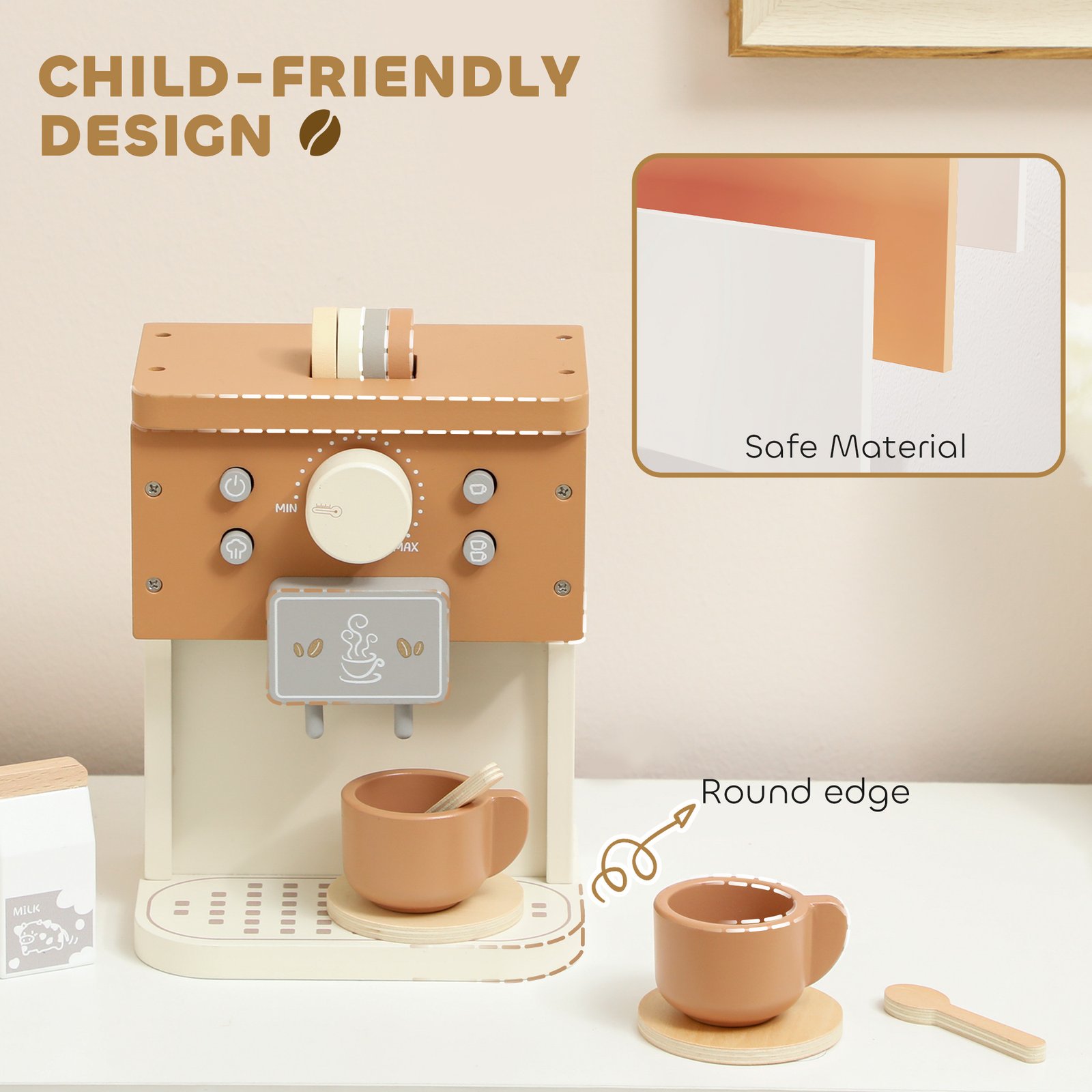 AIYAPLAY Kids Wooden Coffee Machine Toy, Pretend Play Kitchen Accessories Gift for Boys and Girls Ages 3+ - Image 5