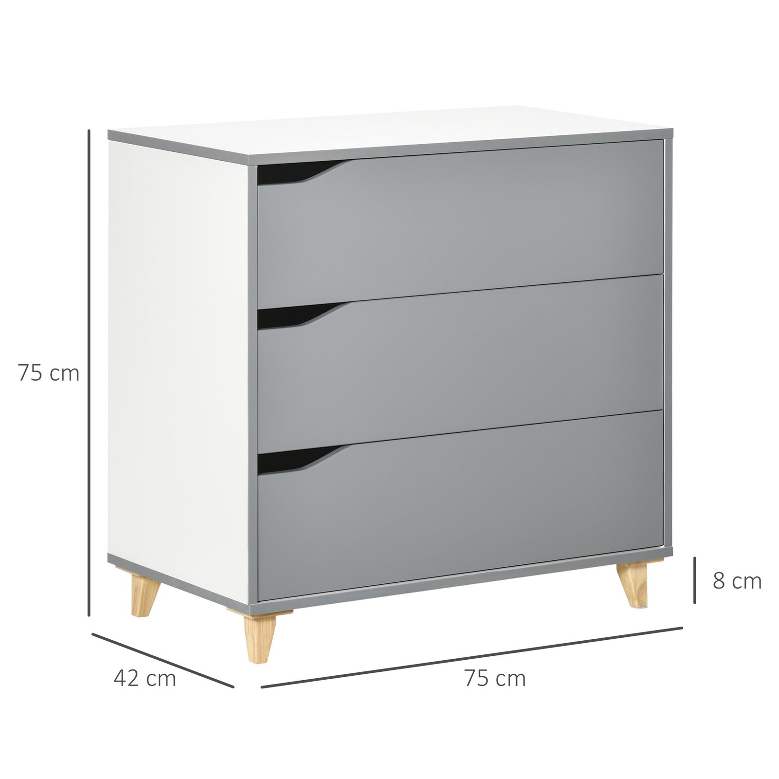 HOMCOM Drawer Chest, 3-Drawer Storage Cabinet Unit with Pine Wood Legs for Bedroom, Living Room, 75cmx42cmx75cm, Grey - Image 3