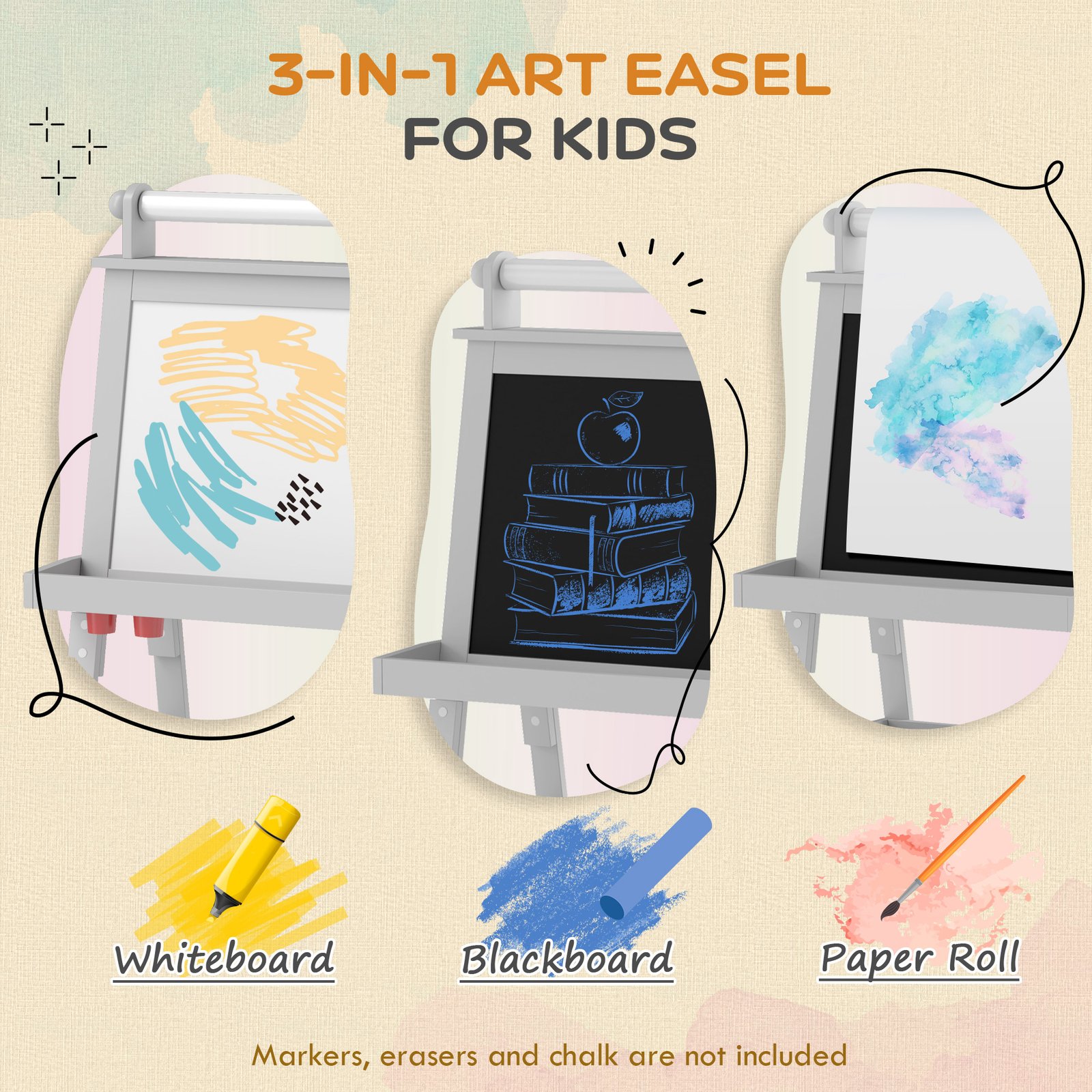 AIYAPLAY 3 in 1 Kids Easel Double-Sided Magnetic Whiteboard and Chalkboard with Paper Roll, Storage Baskets - Grey - Image 4