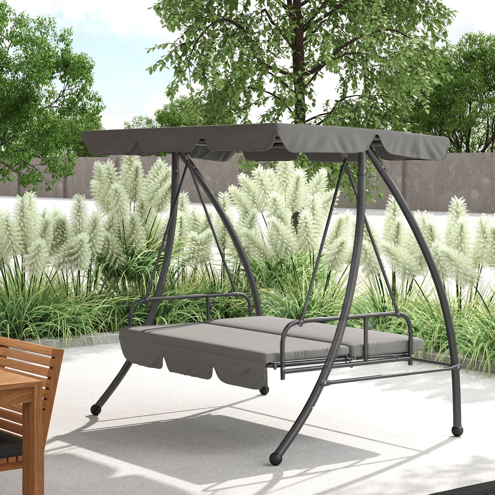 Outsunny Outdoor 2-in-1 Swing Chair Lounger 3 Seater Garden Swing Seat Bed Convertible Tilt Canopy W/ Cushion, Light Grey - Image 2