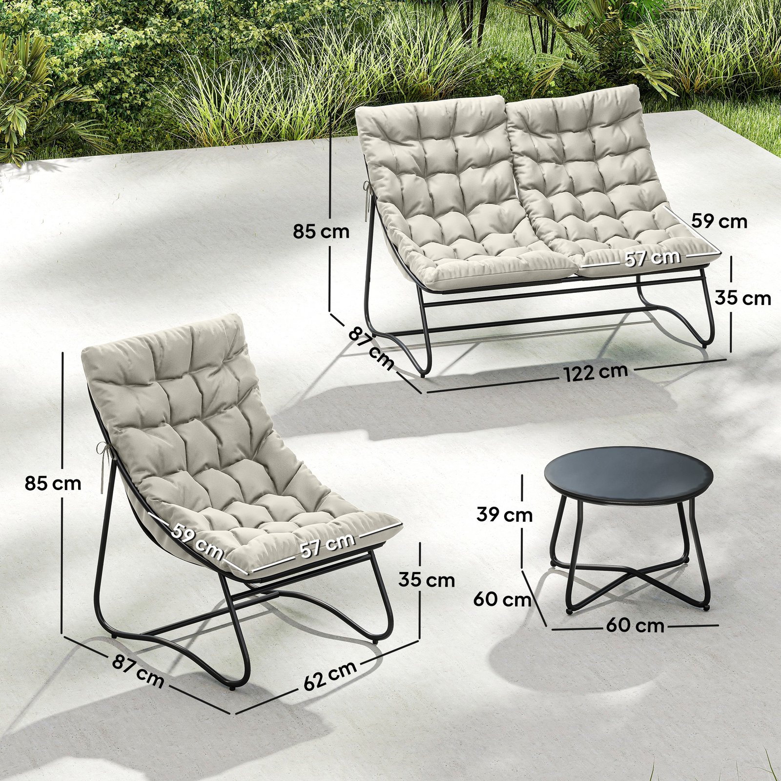 Outsunny 4 Seater Garden Furniture Set, Conversation Set with Loveseat Sofa, Chairs, Glass Coffee Table, Thick Cushions, Steel Outdoor Sofa for Balcony, Poolside, Conservatory, Light Grey - Image 3