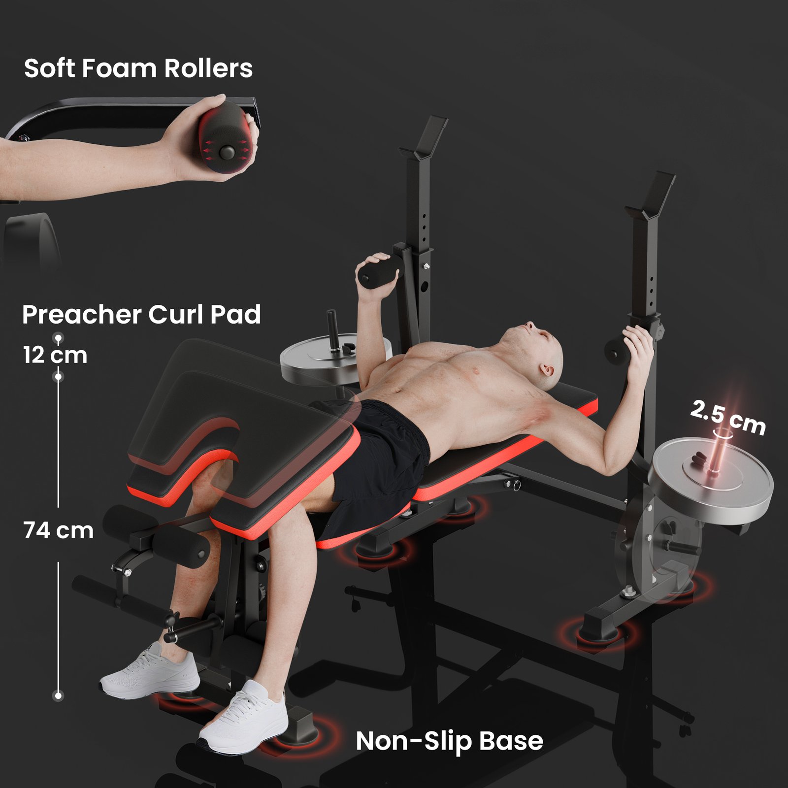 HOMCOM Adjustable Weight Bench with Leg Extension, Barbell Rack, Preacher Curl Pad, Butterfly, Multi-Function Home Gym Bench for Strength Training, Red - Image 7