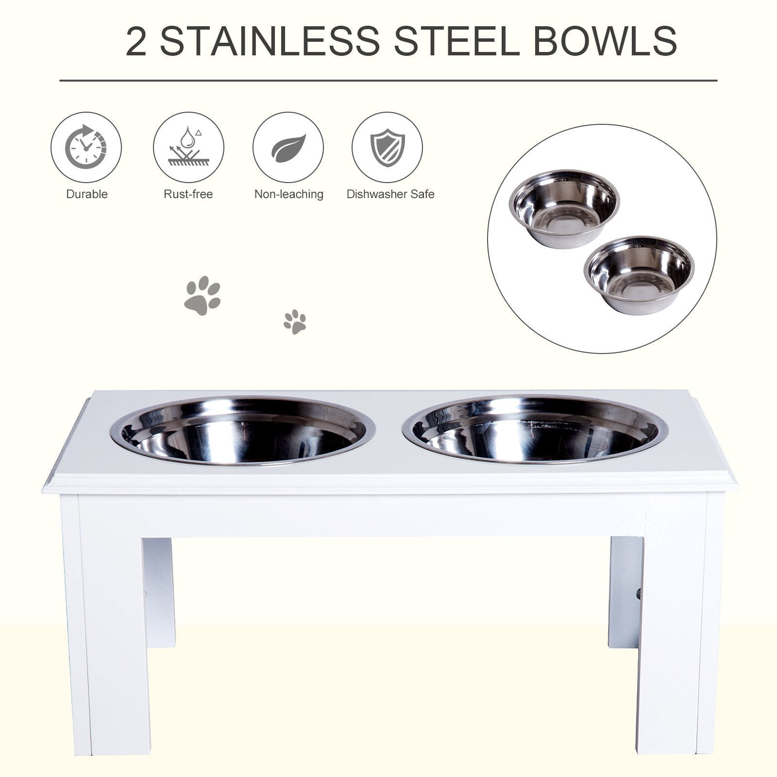 PawHut Raised Dog Feeding Bowls with Stand, Stainless Steel for Medium Dog, 58L x 31W x 25H cm - White - Image 5