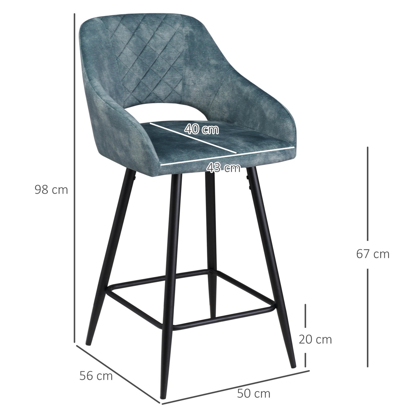 HOMCOM Bar Stools Set of 2, Velvet-Touch Fabric Counter Height Bar Chairs, Kitchen Stools with Steel Legs for Dining Area, Kitchen Island Barstools, Blue - Image 3
