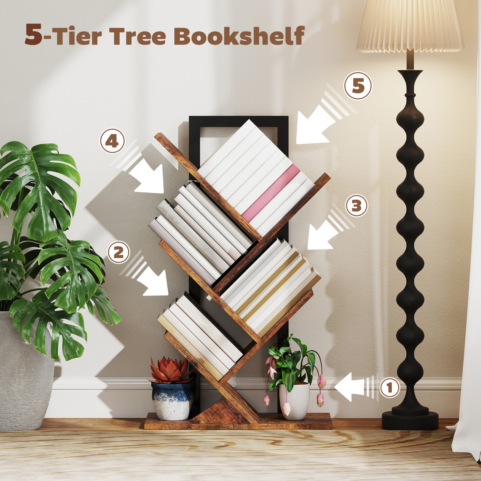 HOMCOM Four-Section Tree Bookcase - Wood-Effect - Image 4