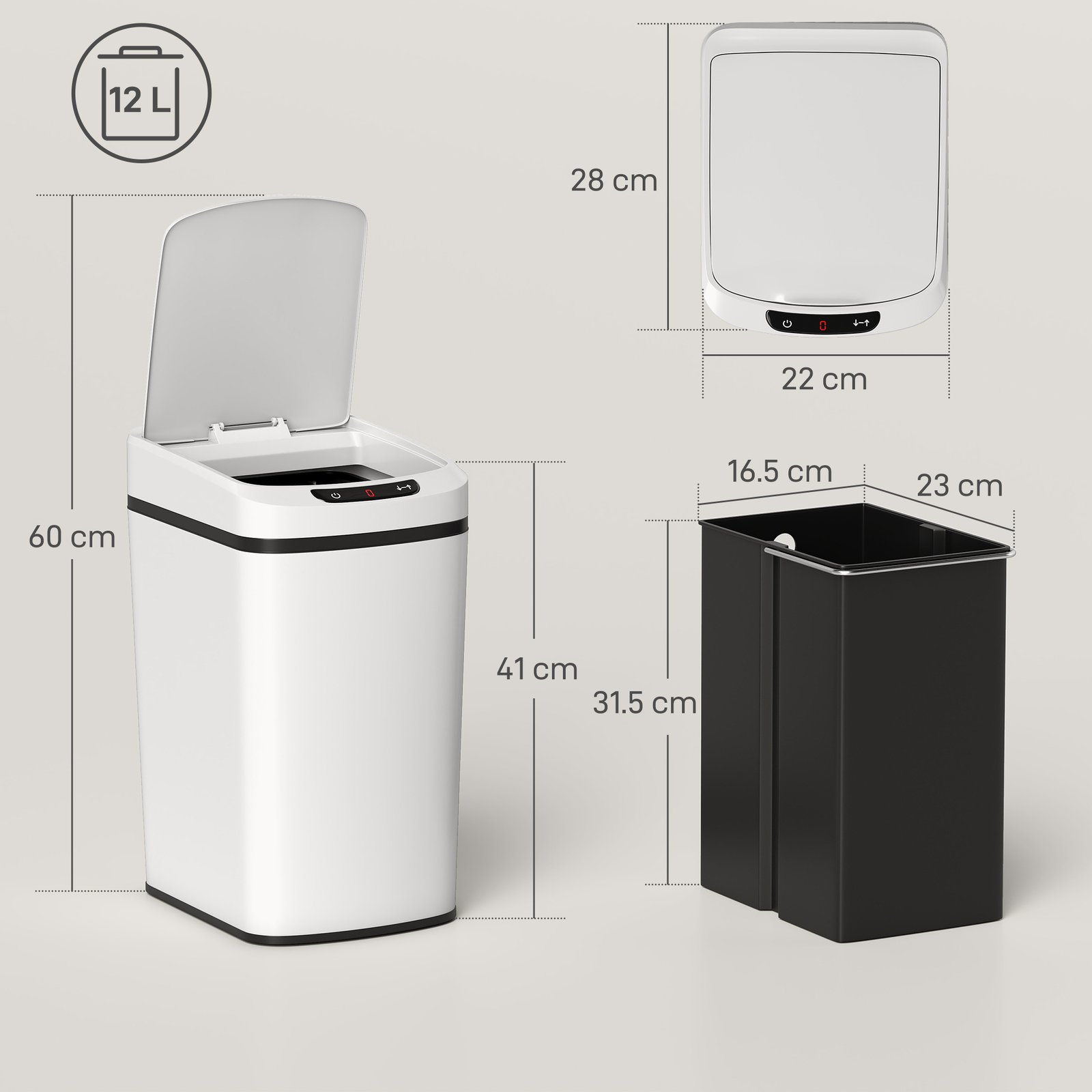 HOMCOM 12L Sensor Bin, Automatic Touchless Motion Sensor Kitchen Bin with Fingerprint Resistant Stainless Steel, White - Image 3
