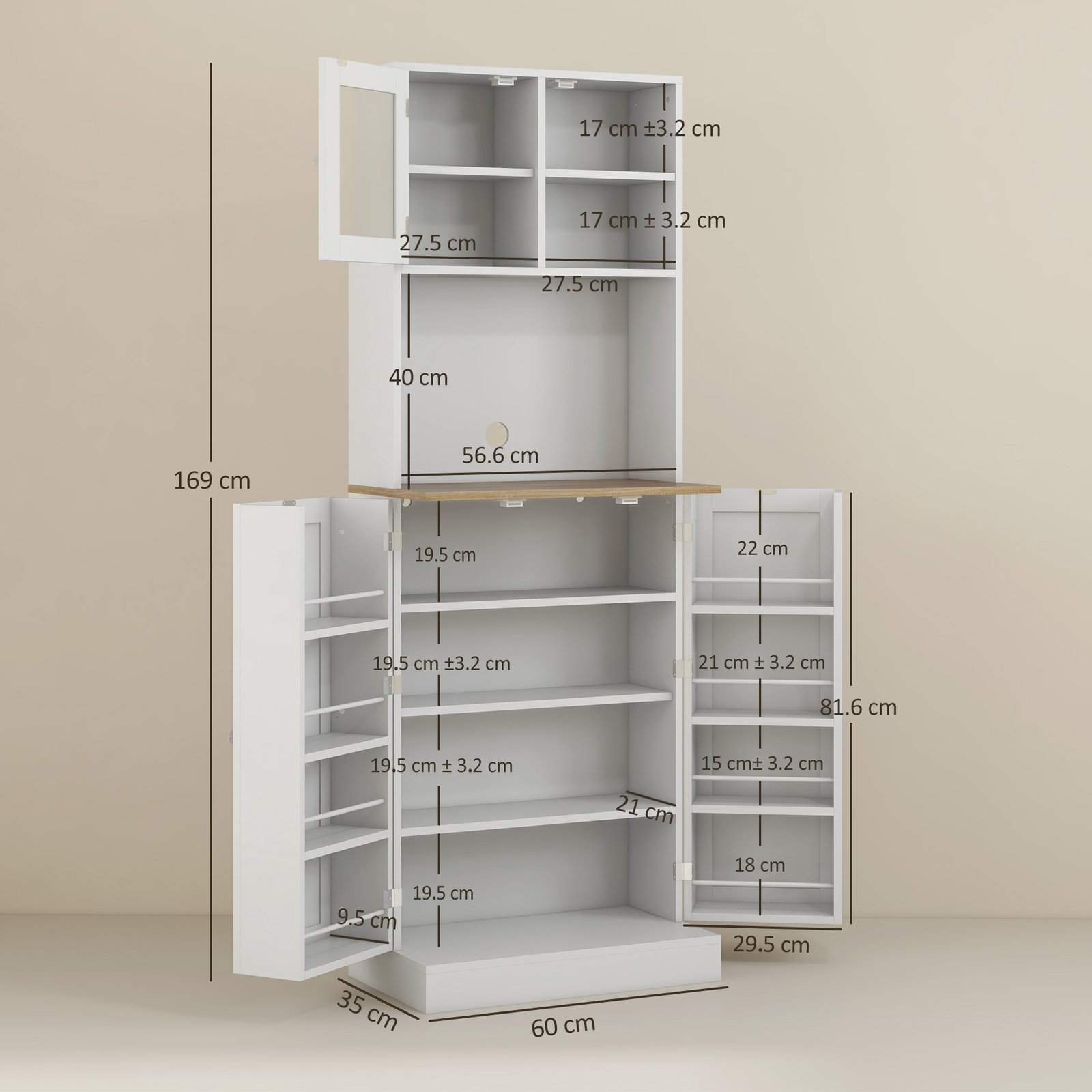 HOMCOM Two-Part Kitchen Storage Cabinet - White - Image 3