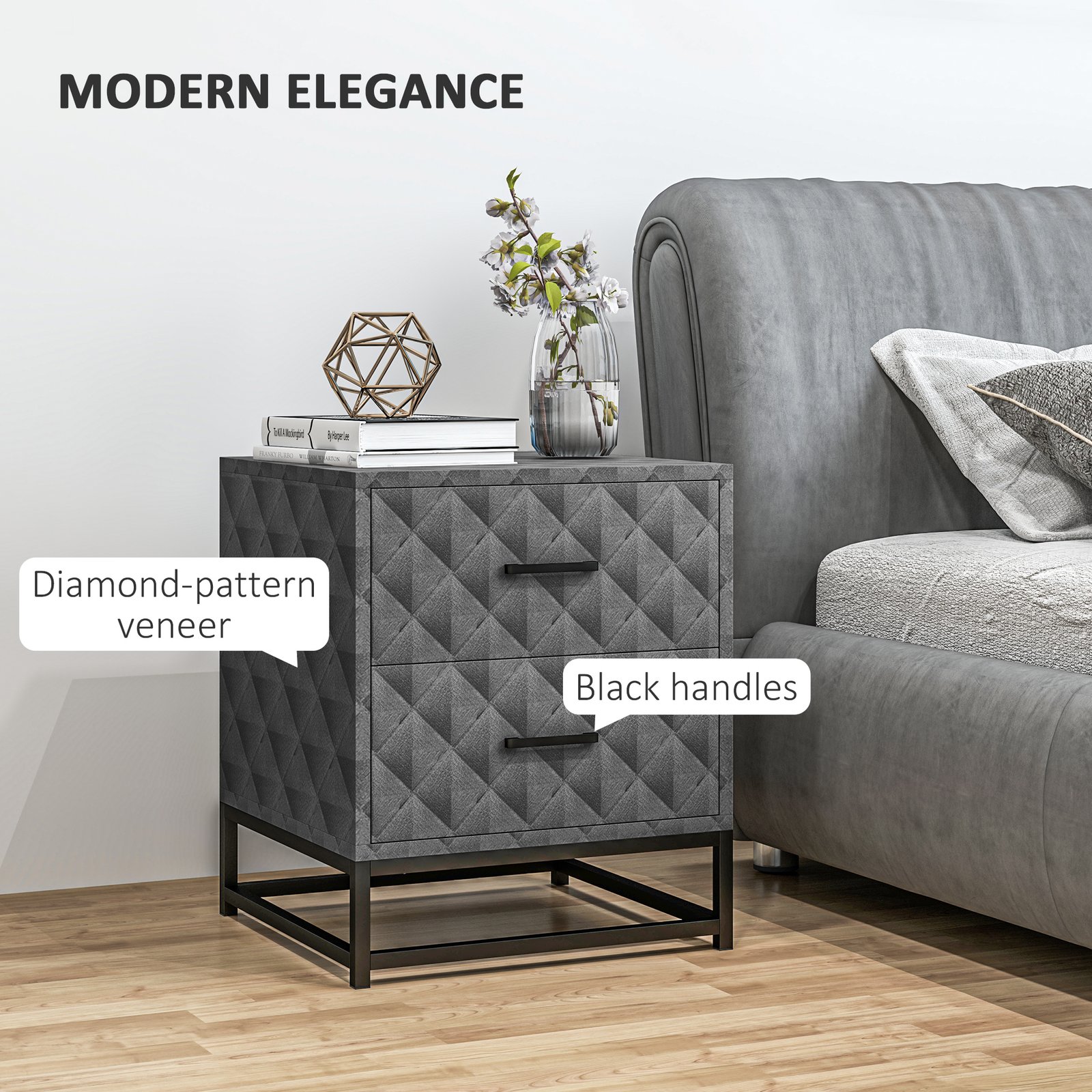 HOMCOM Bedside Tables Set of 2, Modern Bedside Table Nightstand with 2 Drawers, Bedside Cabinet Sofa Side Table with Storage, Steel Legs for Bedroom, Living Room, Grey - Image 4