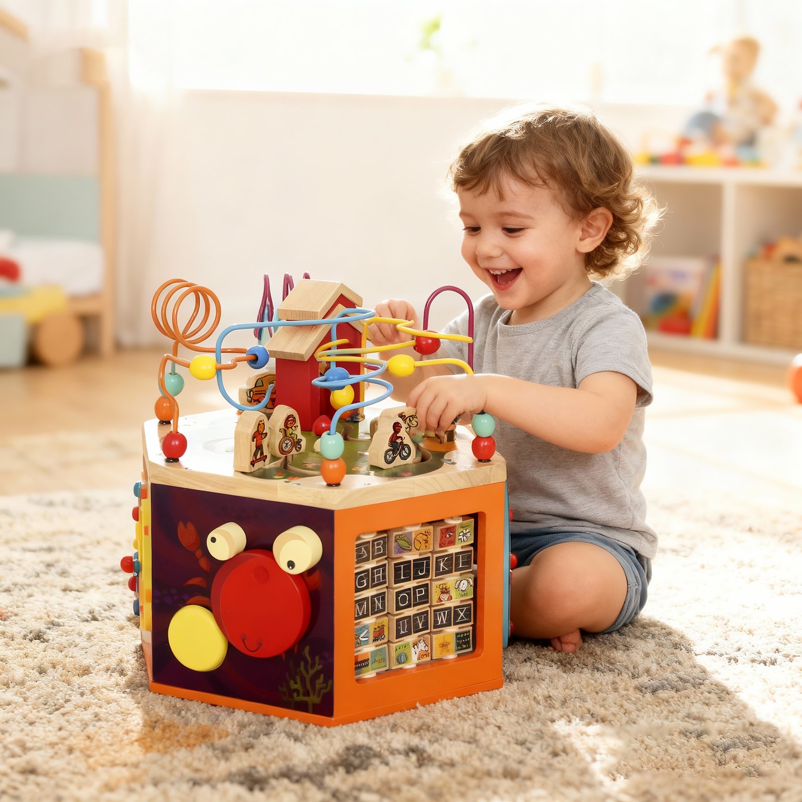 AIYAPLAY 8 in 1 Wooden Activity Cube with Bead Maze, Shape Sorter, for Kids Boys Girls 18+ Months - Image 8