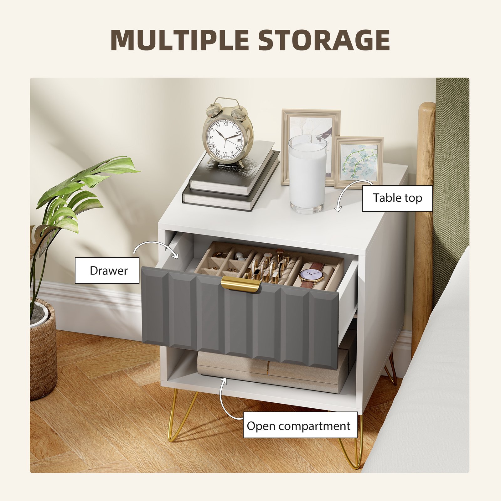 HOMCOM Bedside Table Modern Bedside Cabinet with Drawer and Open Compartment, 45 x 40 x 55, White - Image 4