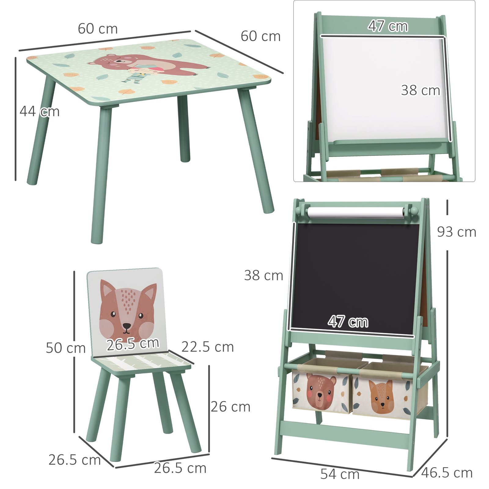 ZONEKIZ Kids Table and Chair Set and Kids Easel with Paper Roll, Storage Baskets, Kids Activity Furniture Set, Green - Image 3