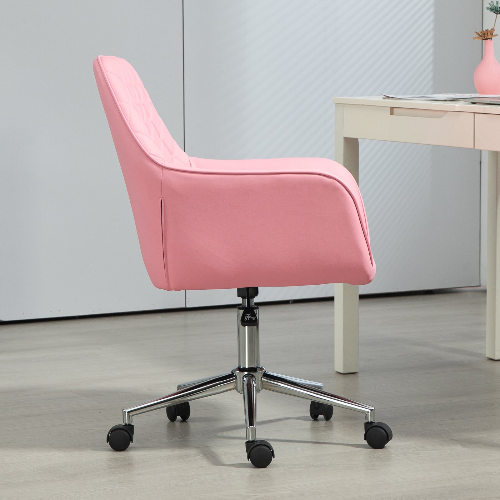 Vinsetto Office Desk Chair, Leather-Feel Fabric Computer Swivel Chair with Rolling Wheels and Adjustable Height for Home, Pink - Image 8