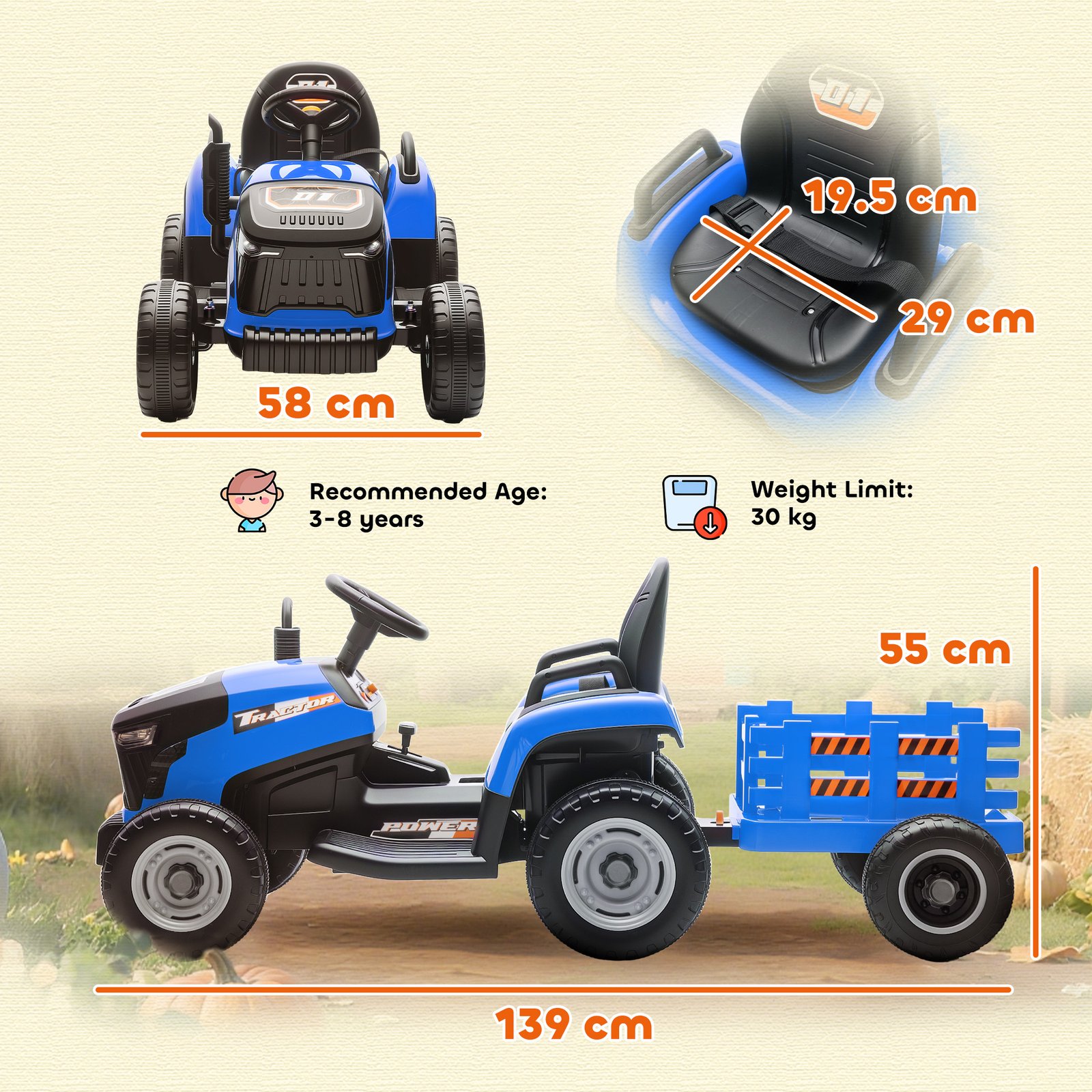 AIYAPLAY 12V Ride on Tractor and Trailer with Remote Control, Music, Shifter, Start-Up Sound, for Kids Ages 3-8 Years, Blue - Image 3