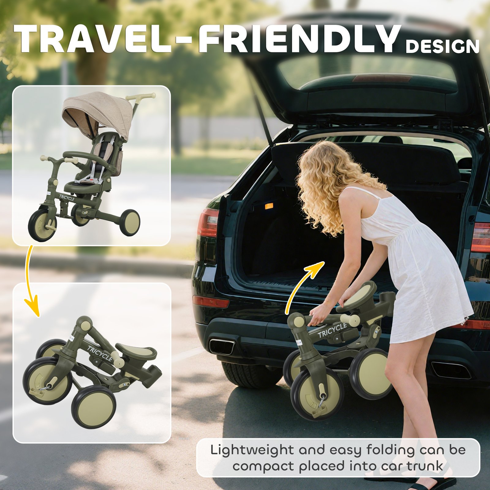 AIYAPLAY 5 in 1 Kids Trike with Adjustable Backrest, Toddler Tricycle with Push Handlebar, Adjustable Backrest, Dark Green - Image 8