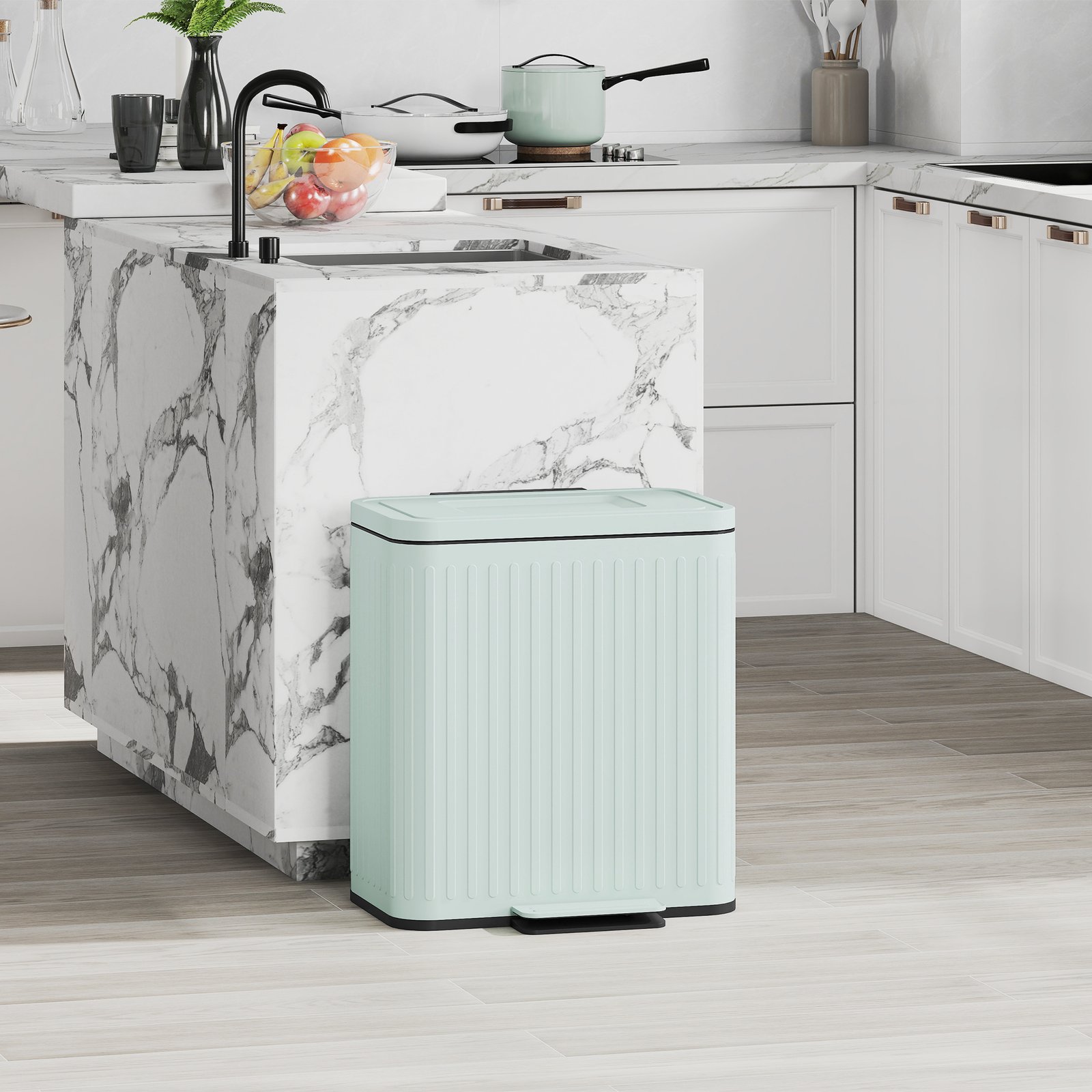 HOMCOM Dual Kitchen Bin, 2 x 20L Double Bin for Recycling and Waste, Fingerprint-proof Pedal Bin with Soft-Close Lid, Removable Inner Buckets, Green - Image 2