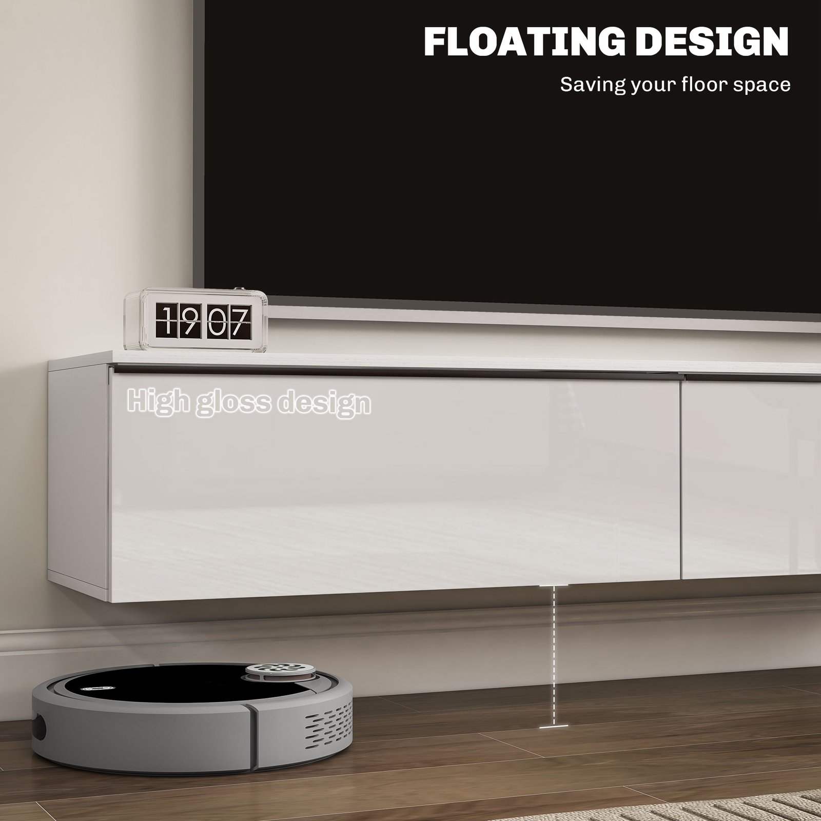 HOMCOM 160cm High Gloss Floating TV Unit Stand for TVs up to 70", Wall Mounted TV Cabinet with Storage Cupboards, White - Image 4