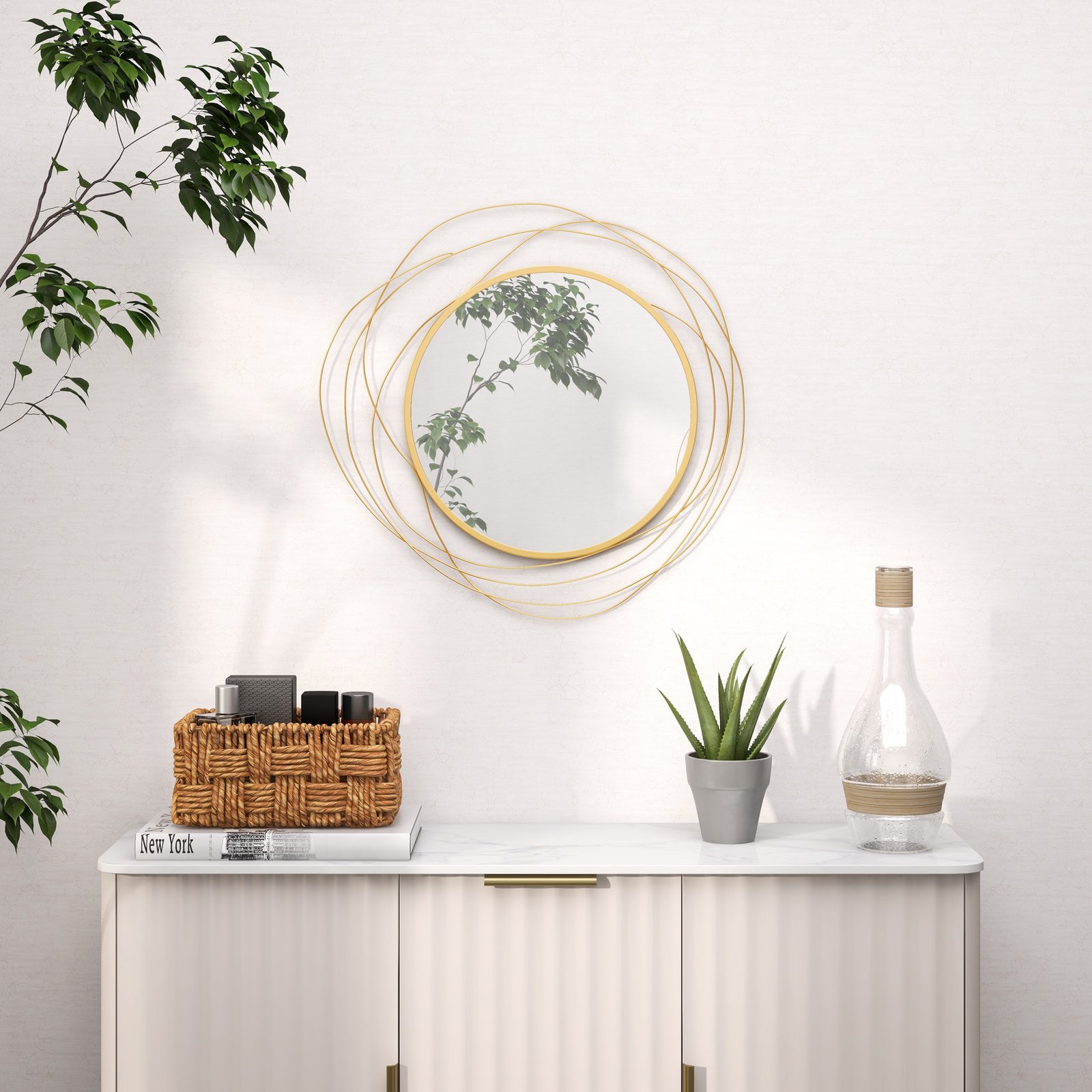 HOMCOM Abstract Metal Wire Wall Mirror, with Accessories - Gold Tone - Image 2