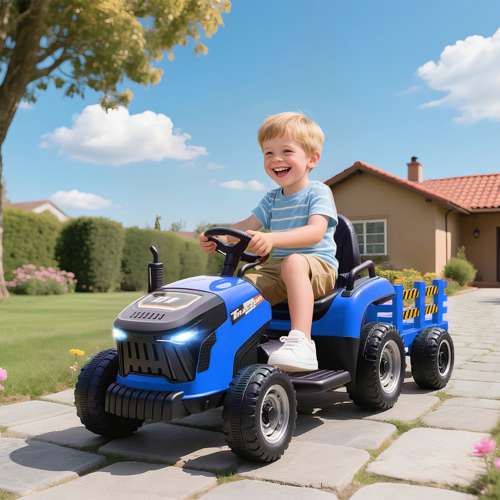 AIYAPLAY 12V Ride on Tractor and Trailer with Remote Control, Music, Shifter, Start-Up Sound, for Kids Ages 3-8 Years, Blue - Image 2