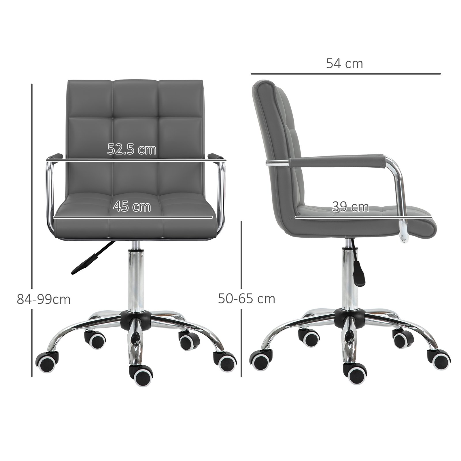 Vinsetto PU Leather Home Office Desk Chair, Computer Chair with Mid Back, Arm, Swivel Wheels, Adjustable Height, Grey - Image 3