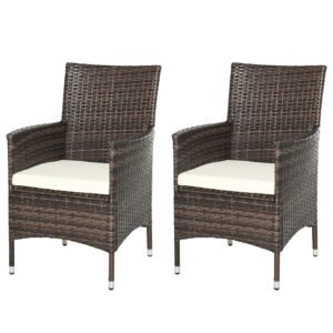 Outsunny 2 PC Outdoor Rattan Armchair Dining Chair Garden Patio Furniture w/ Armrests Cushions Mixed Brown