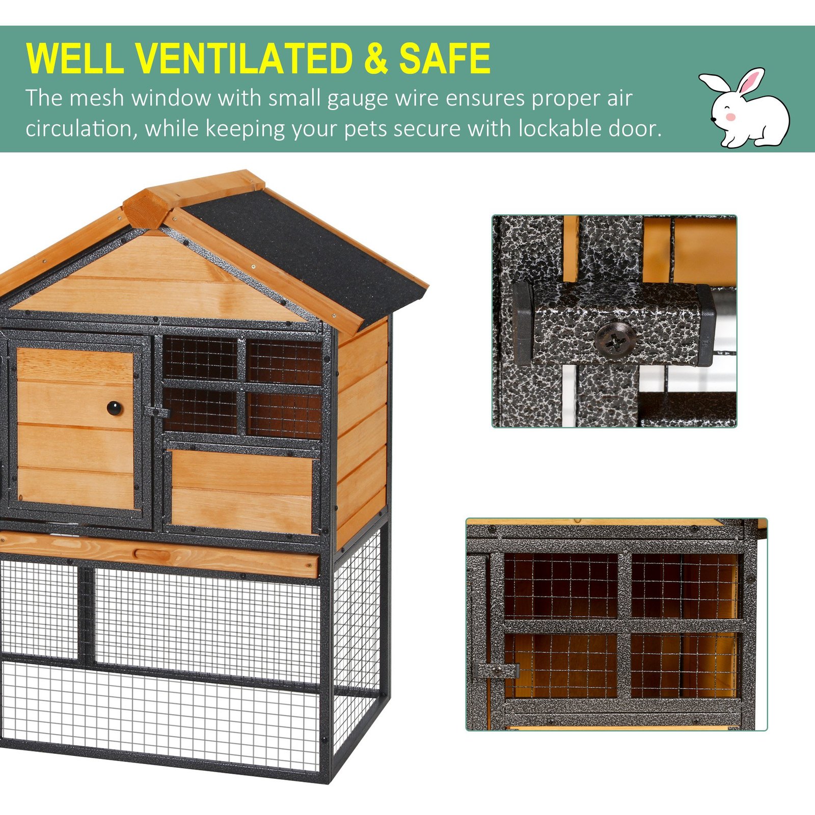 PawHut Wood-metal Guinea Pigs Hutches Elevated Pet Bunny House Rabbit Cage with Slide-Out Tray Outdoor - Image 6