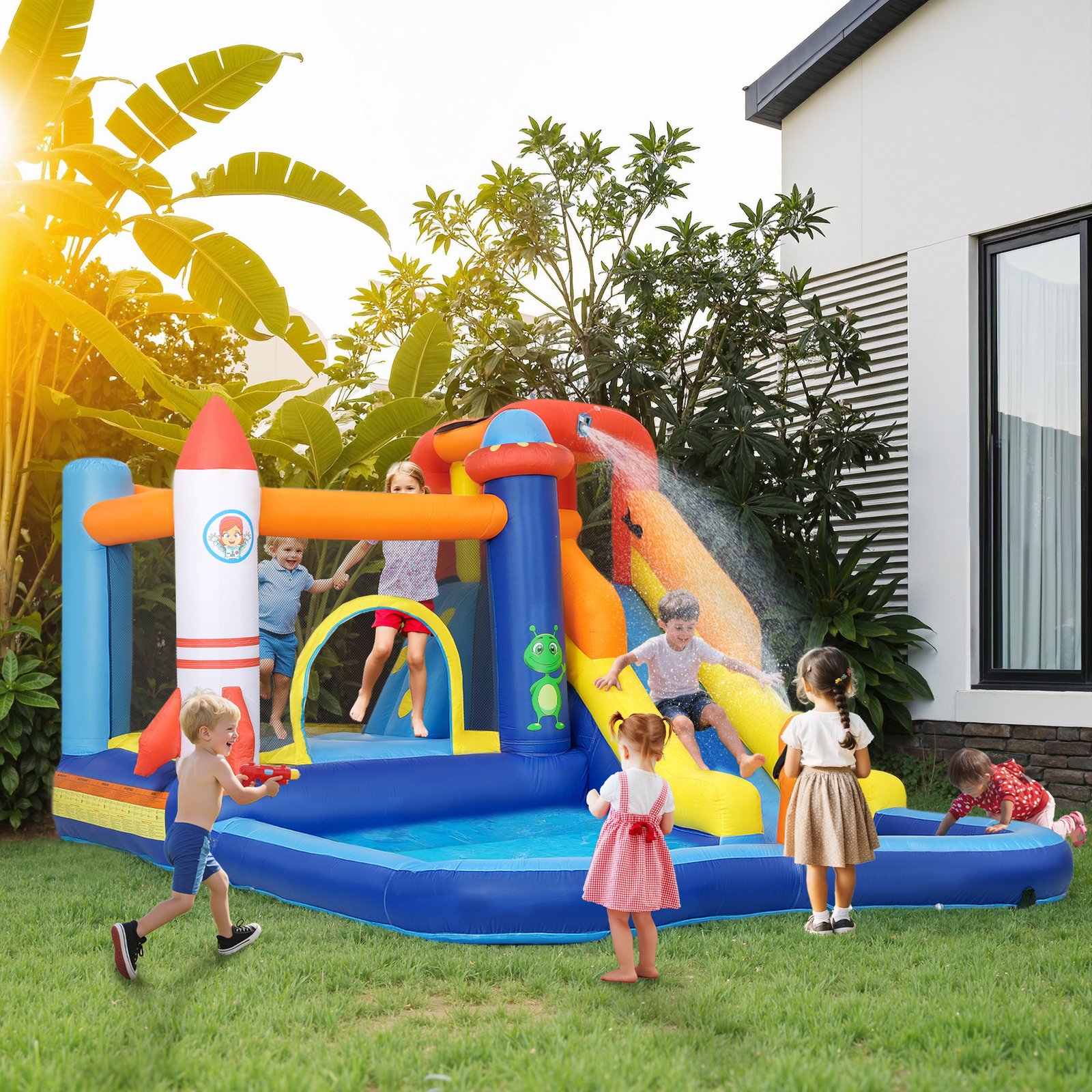 AIYAPLAY 5 in 1 Bouncy Castle for Children with 550W Blower, Water Slide, Splash Pool, Jumping Area, Climbing Wall, Cannon - Image 2