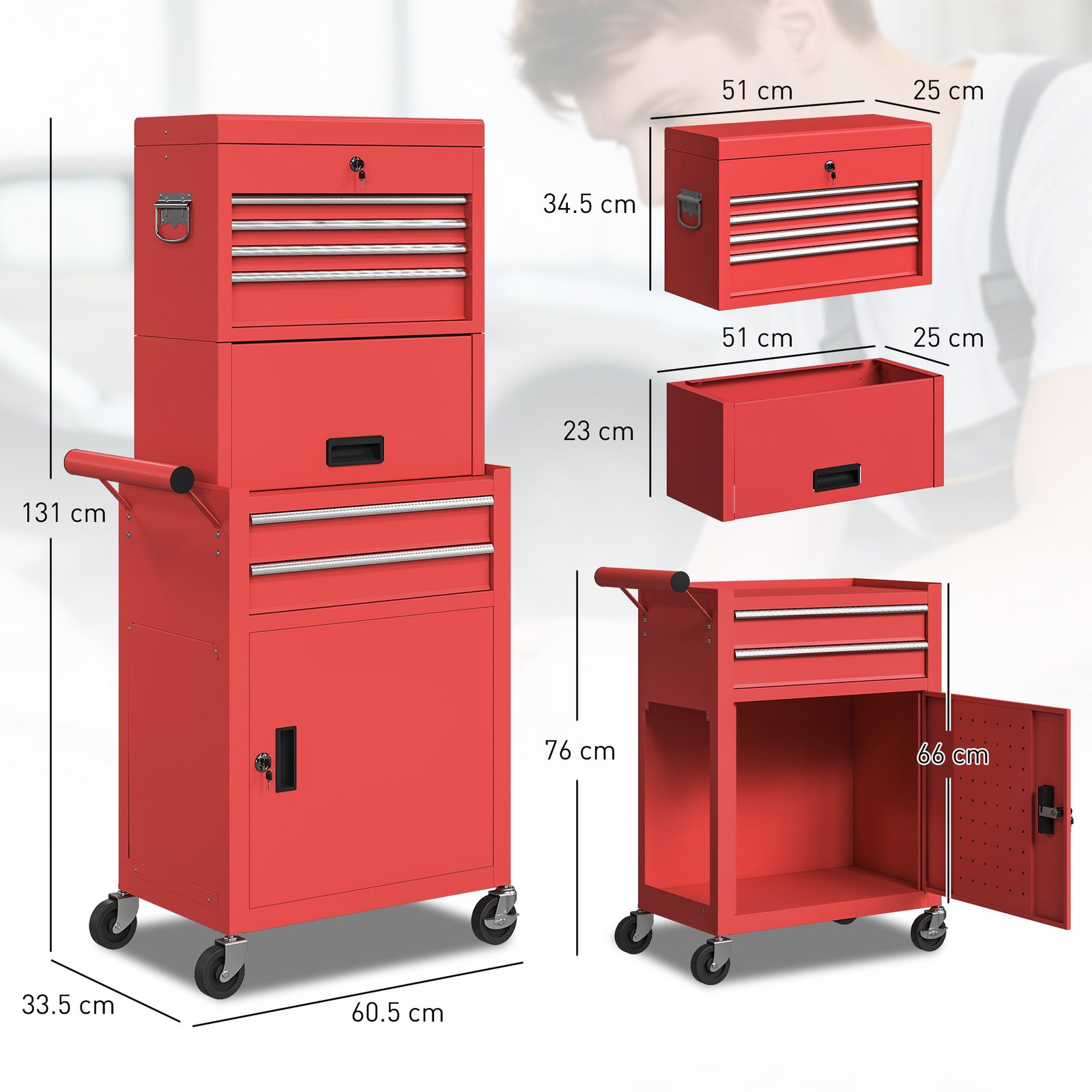 HOMCOM Three-Part Steel Locking Tool Chest - Red - Image 3