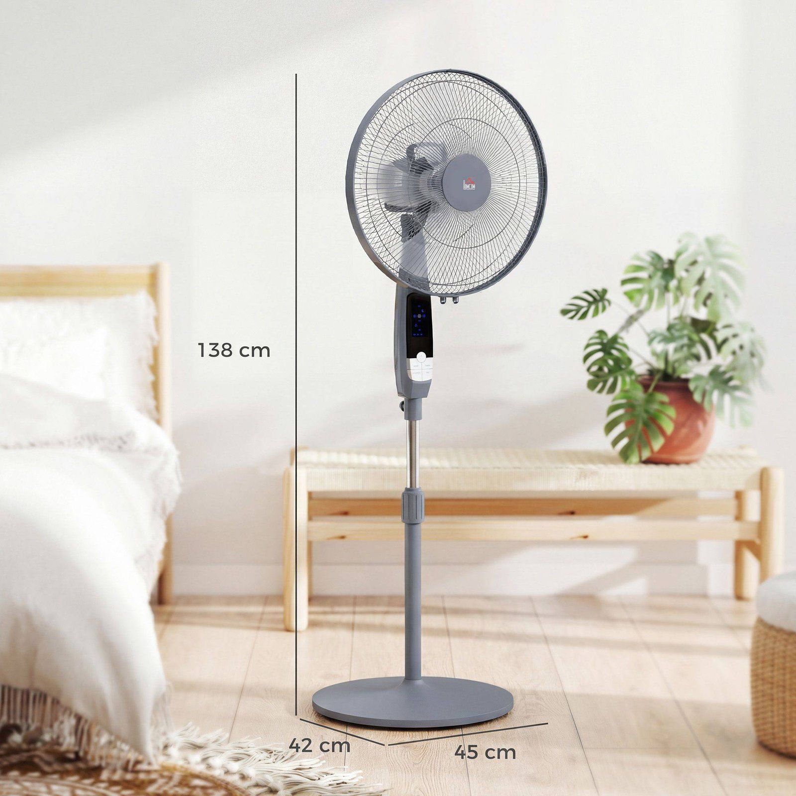 HOMCOM 16in Pedestal Standing Floor Fan, Oscillation Cooling Fan with Remote Control, Grey - Image 3
