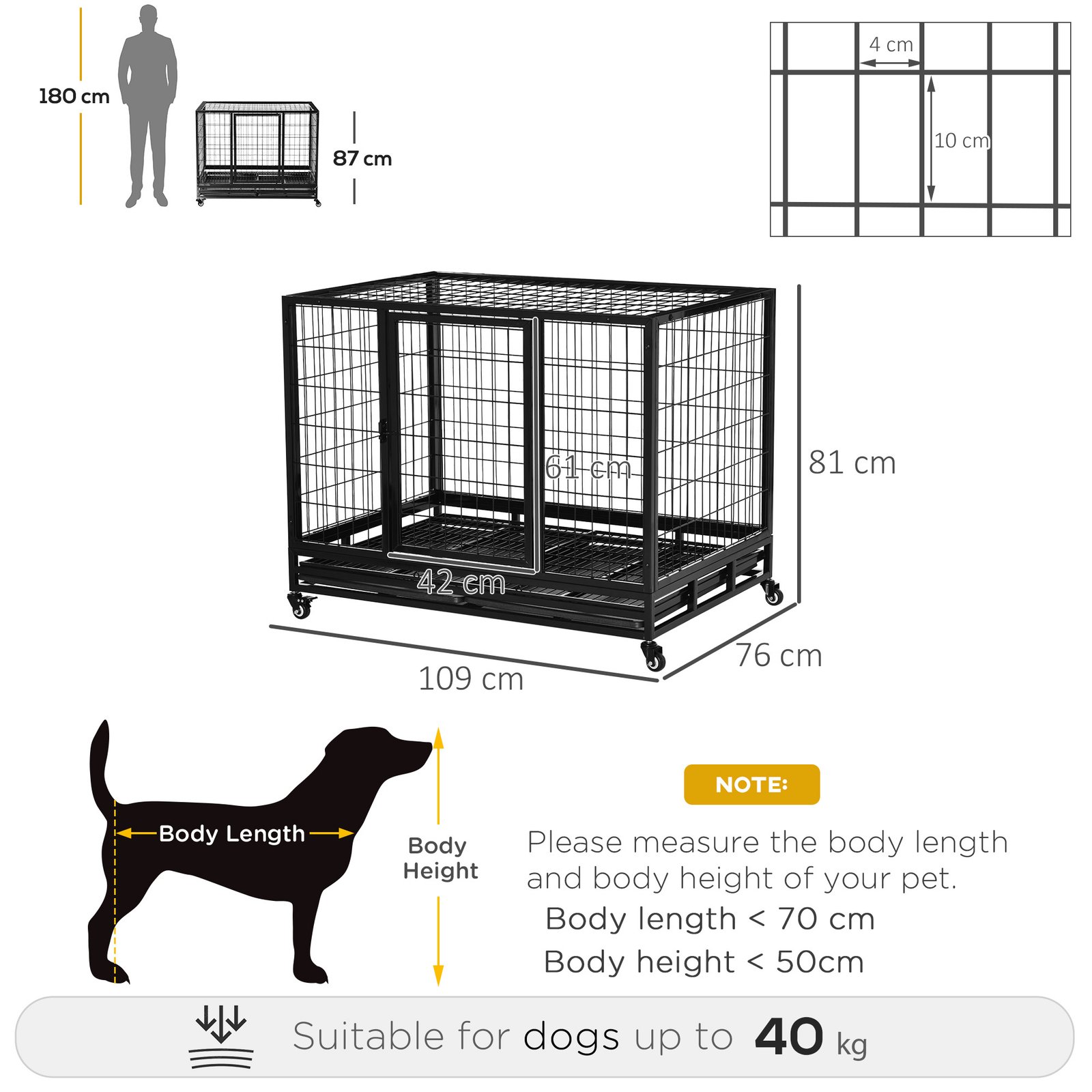 PawHut 43" Heavy Duty Metal Dog Crate Pet Cage with Tray Wheeled Dog Kennel - Black (Large) - Image 3