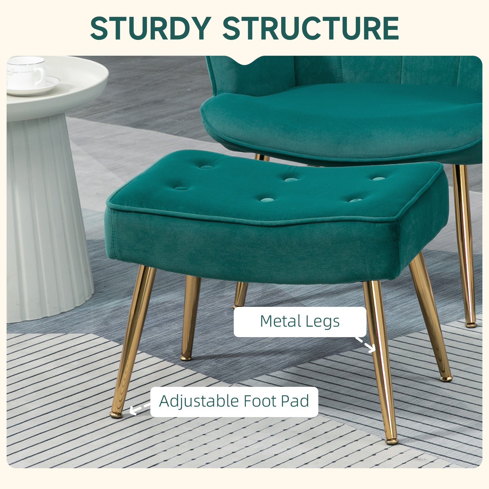 HOMCOM Modern Armchair with Footstool, Upholstered Accent Chair with Ottoman, Steel Legs, Velvet Wingback Chair for Living Room, Bedroom, Home Study, Dark Green - Image 5